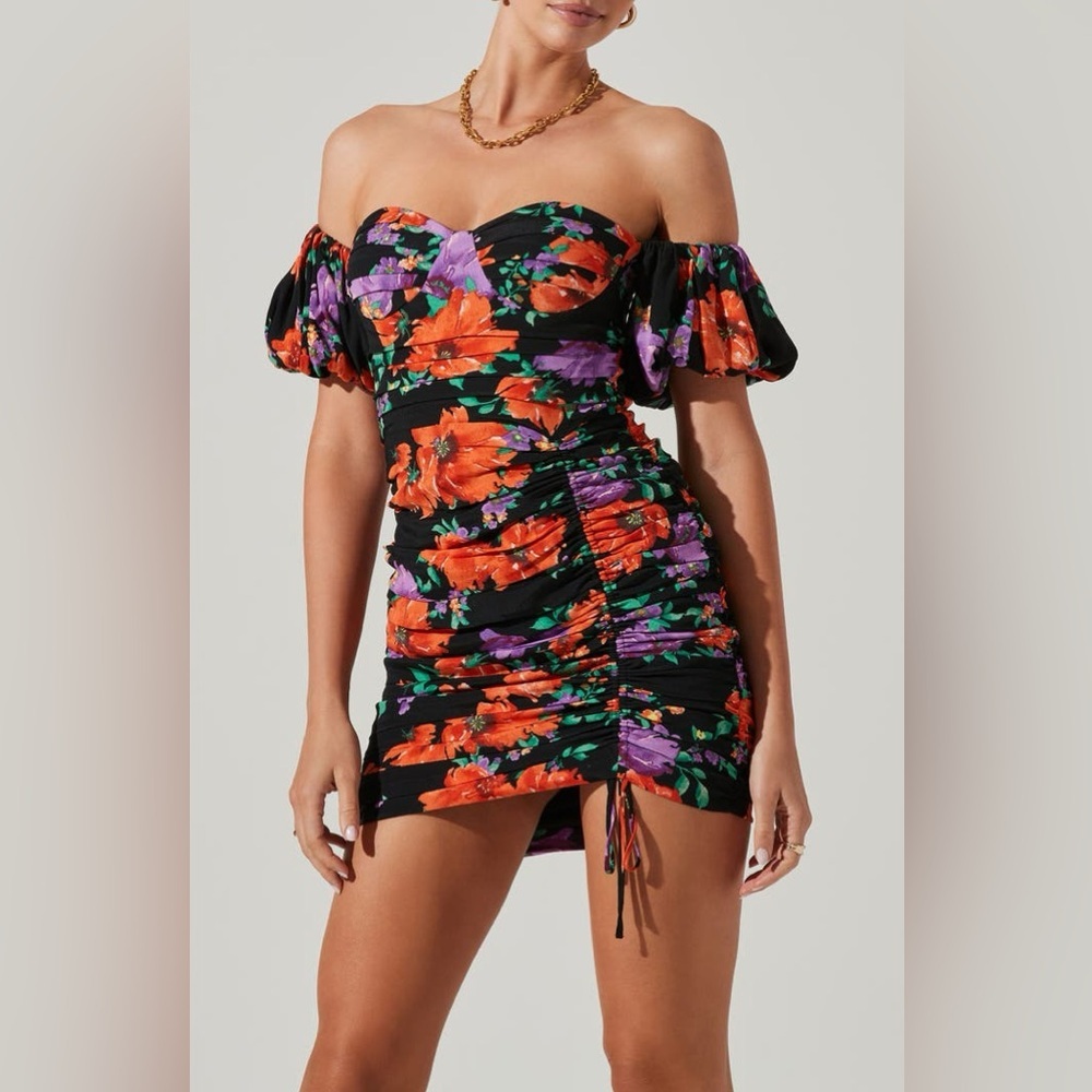 ASTR the Label Floral Ruched Off the Shoulder Mini Dress Size L Black/Red - NWT